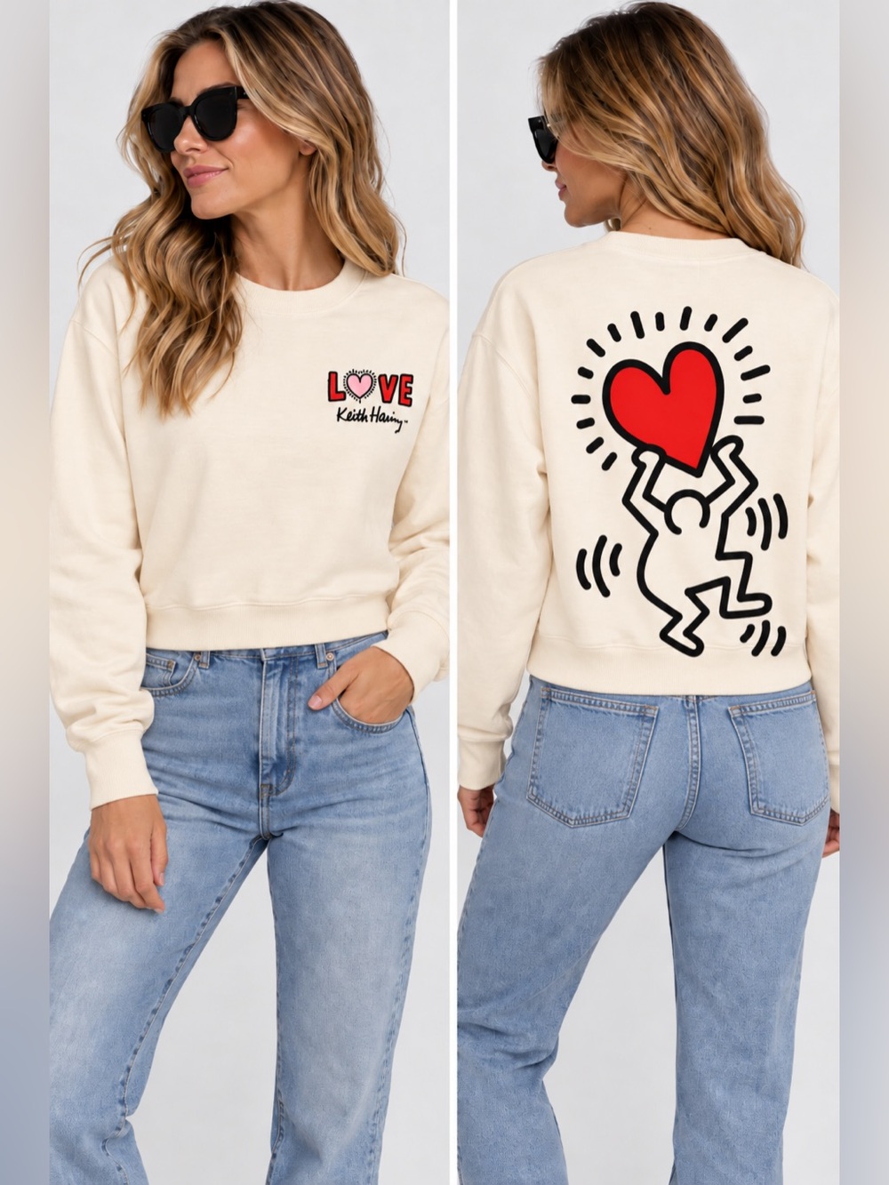 Keith Haring LOVE Heart Graphic Crewneck Sweatshirt soft white